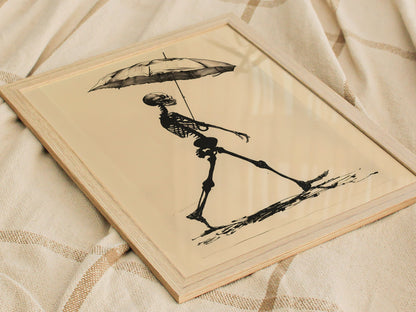 Skeleton with Umbrella Poster | Black and Cream Pen and Ink Art Print | Dark Humor Wall Art — styled in an interior