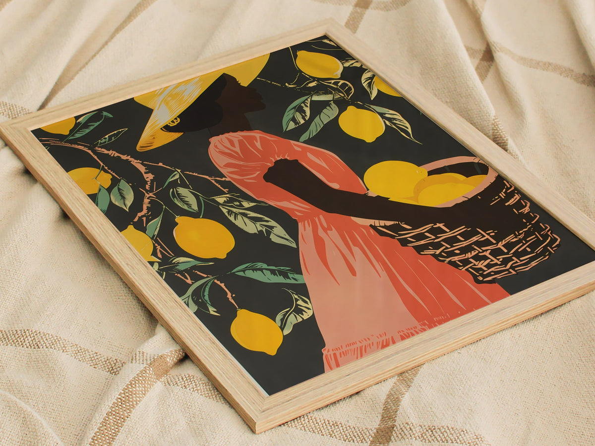 Woman Carries Lemons Poster | Yellow and Coral Screen Print Art Print | Kitchen Wall Art — styled in an interior