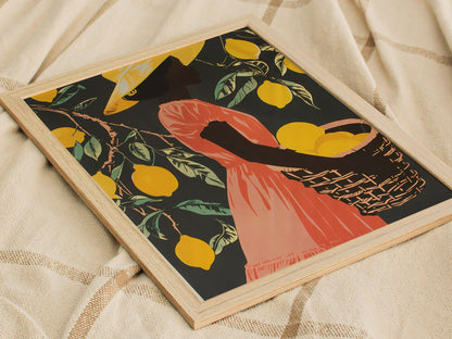 Woman Carries Lemons Poster | Yellow and Coral Screen Print Art Print | Kitchen Wall Art — styled in an interior