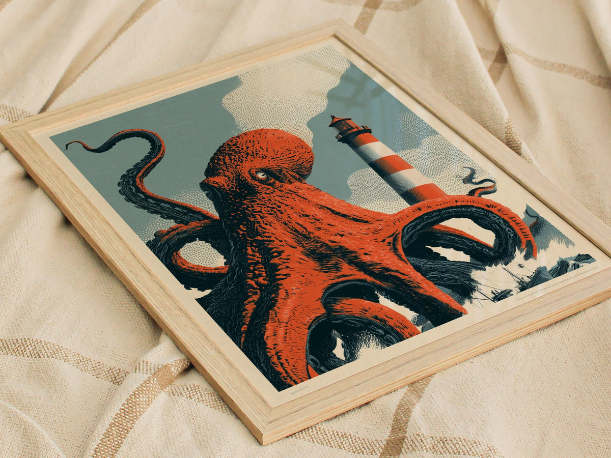 Octopus Finds Paradise Poster | Pink and Blue Screen Print Art Print | Retro Futurism Wall Art — styled in an interior