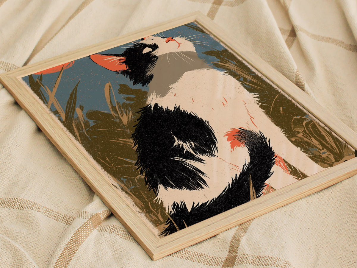 Cat Chasing Tail Poster | Cream and Coral Illustrative Art Print | Kids Room Wall Art — styled in an interior
