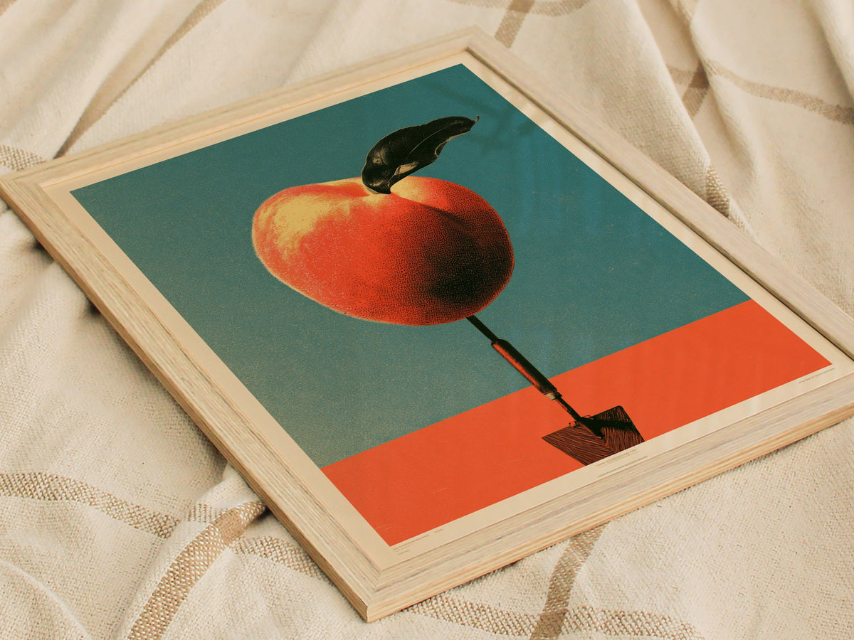 Trowel and Peach Poster | Teal and Orange Screen Print Art Print | Kitchen Wall Art — styled in an interior