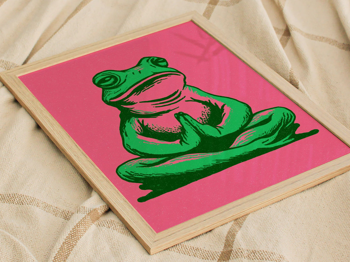 Toad Finds Peace Poster | Green and Pink Illustrative Art Print | Meditation Wall Art — styled in an interior