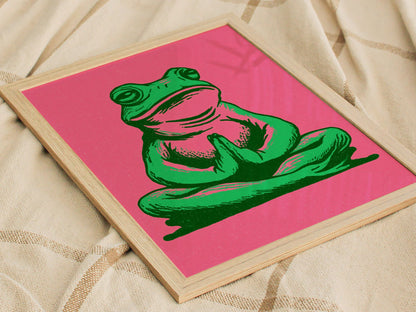 Toad Finds Peace Poster | Green and Pink Illustrative Art Print | Meditation Wall Art — styled in an interior