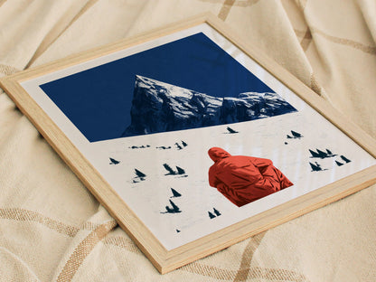 Alone Before Summit Poster | Pink and Cobalt Illustrative Art Print | Adventure Wall Art — styled in an interior