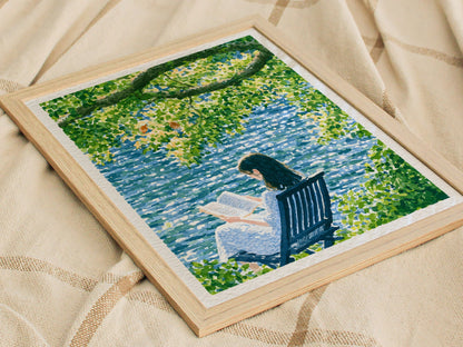 Reader by Water Poster | Blue and Yellow-Green Japanese Watercolor Art Print | Contemplative Readers Wall Art — styled in an