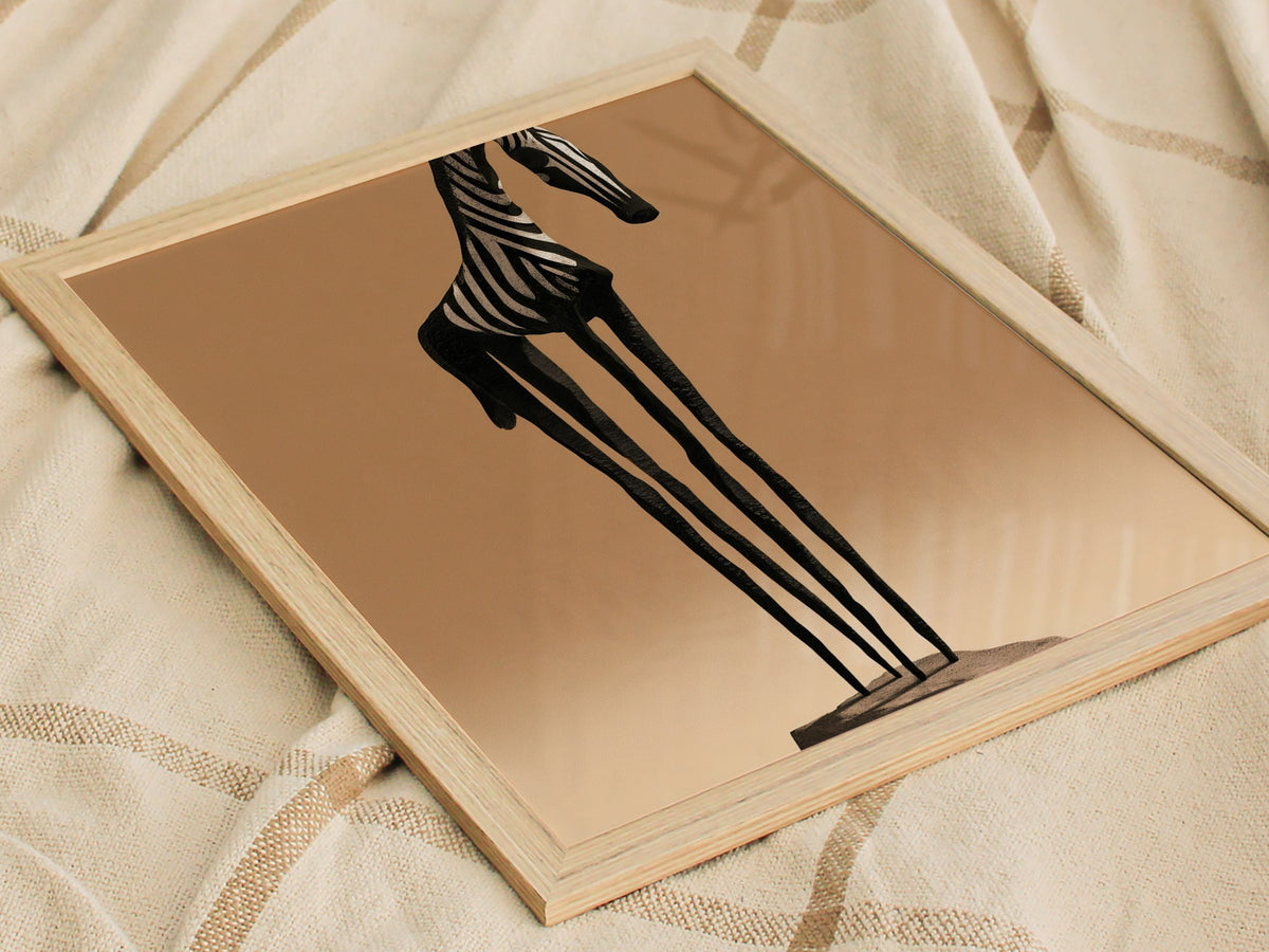 Iron Zebra Stands Poster | Black and Tan Illustrative Art Print | Minimalist Wall Art — styled in an interior