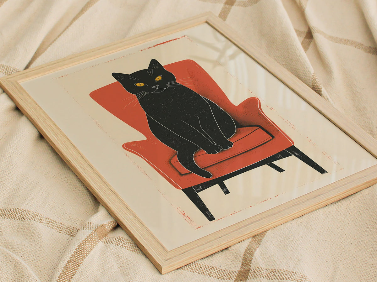 Black Cat in Red Chair Poster | Coral and Black Flat Design Art Print | Cat Lover Wall Art — styled in an interior