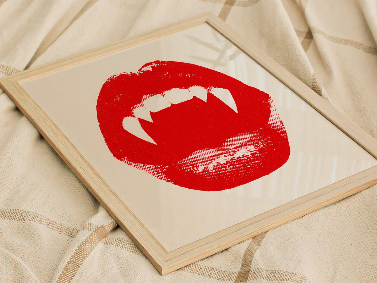 Vampire Bite Poster | Red and Cream Screen Print Art Print | Goth Wall Art — styled in an interior
