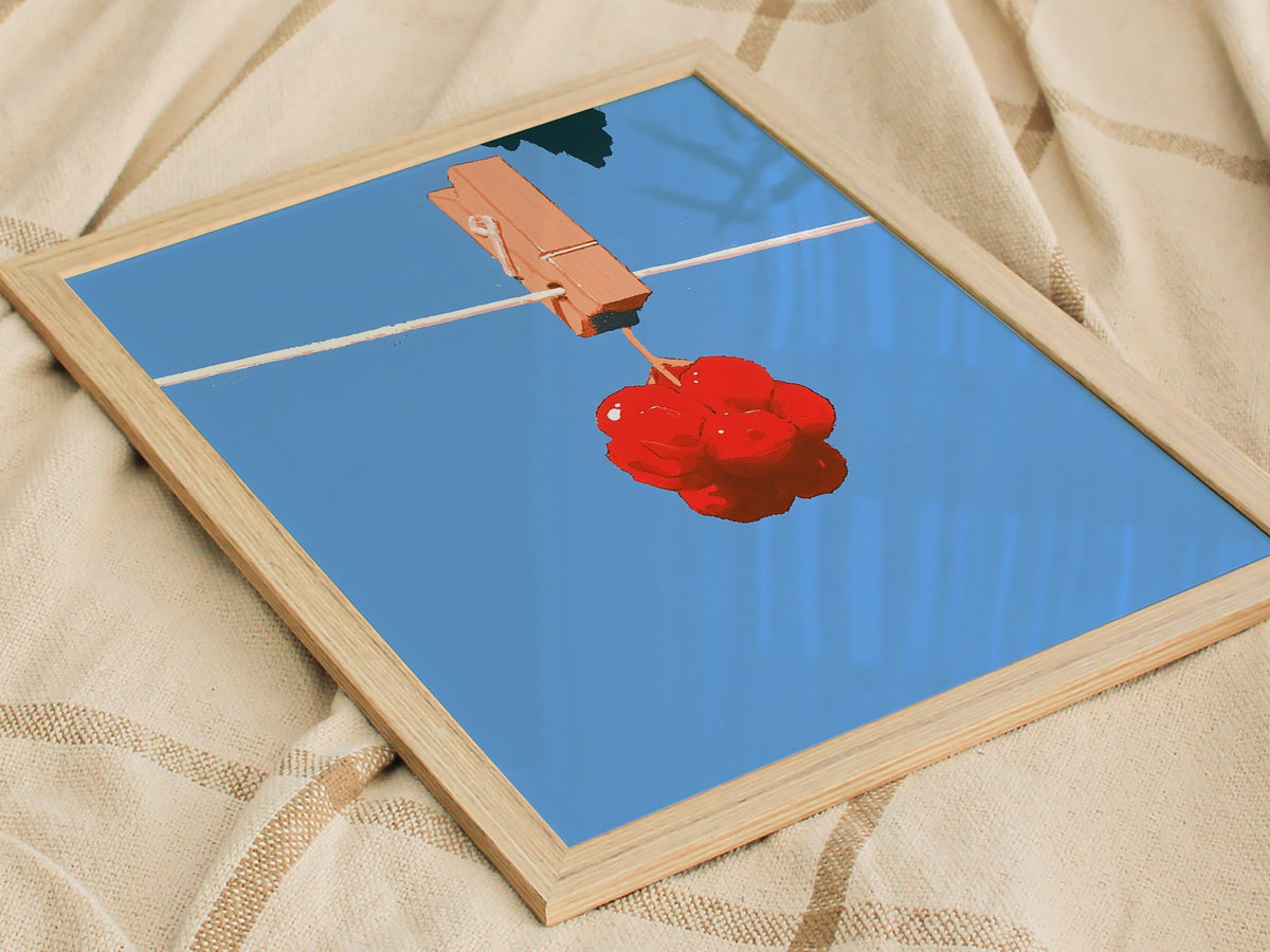 Cherries Hang Drying Poster | Red and Blue Illustrative Art Print | Kitchen Wall Art — styled in an interior