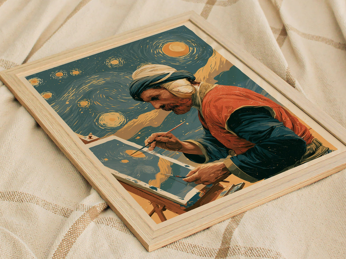 Van Gogh Paints Stars Poster | Teal and Amber Illustrative Art Print | Art History Wall Art — styled in an interior