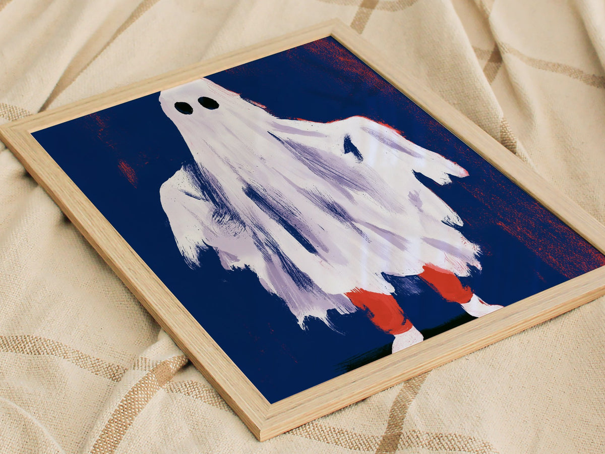 Ghost Stands Still Poster | Navy and Coral Illustrative Art Print | Kids Room Wall Art — styled in an interior