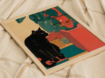 cat-and-goldfish Poster | Coral and Teal Matisse Style Art Print | Modern Home Wall Art — styled in an interior
