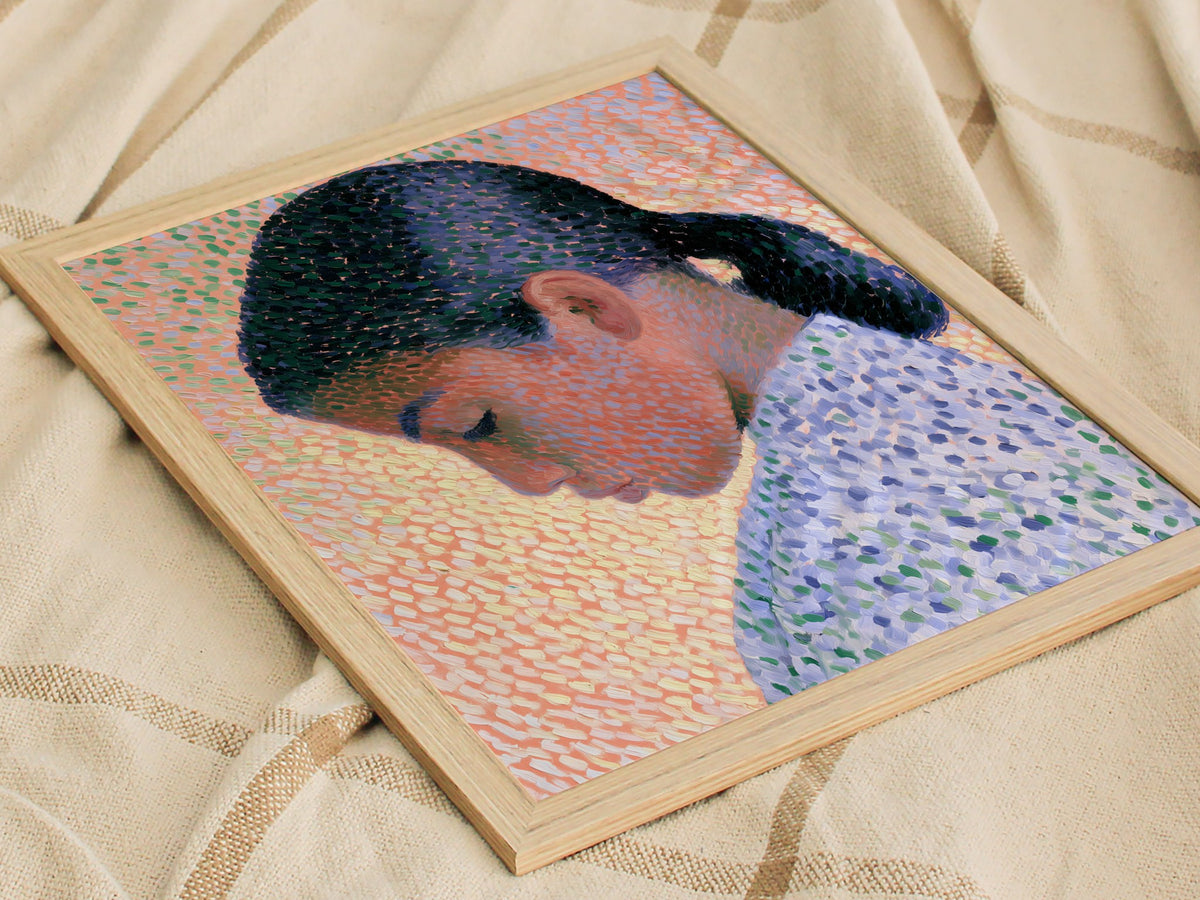 Girl in Ponytail Poster | Coral and Purple Oil Painting Art Print | Contemporary Portrait Wall Art — styled in an interior