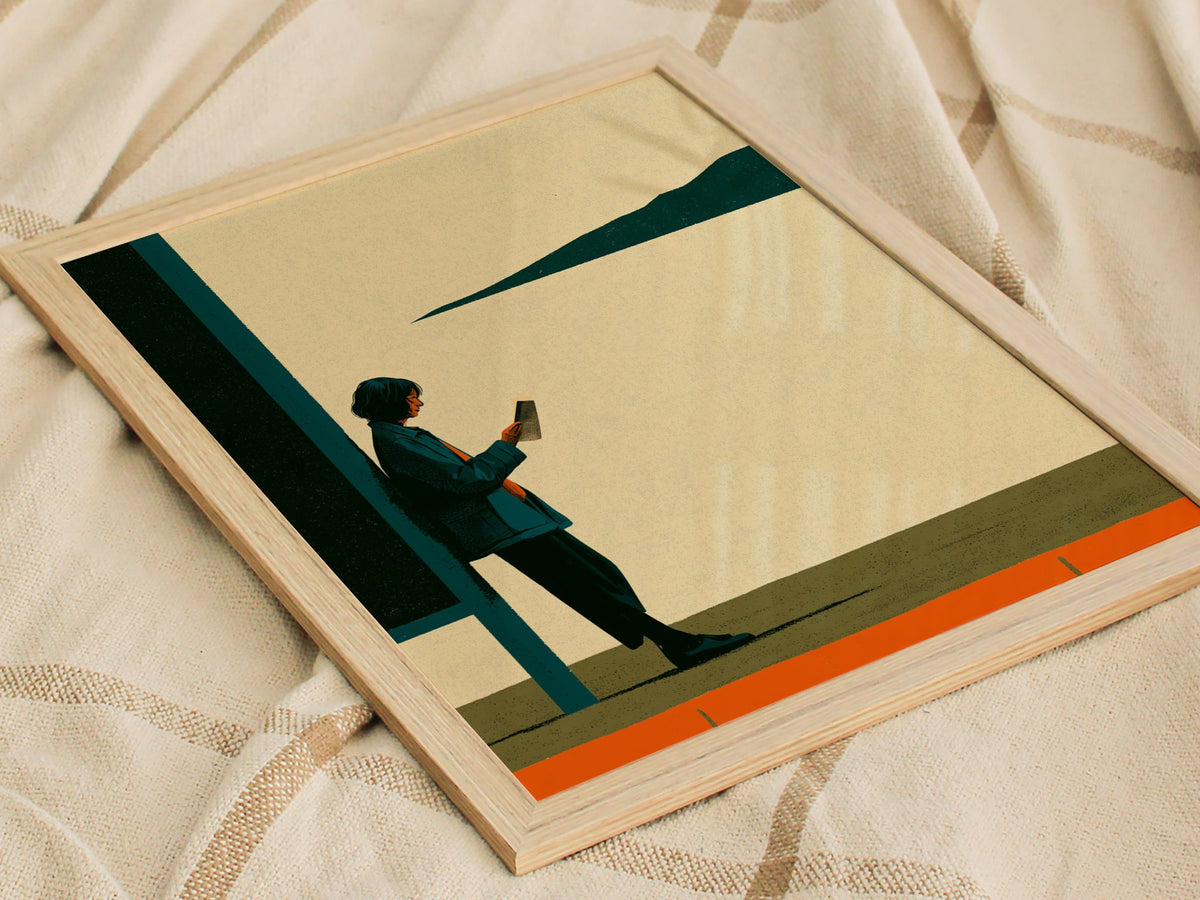 Woman Waits Morning Poster | Teal and Orange Illustrative Art Print | Urban Minimalist Wall Art — styled in an interior