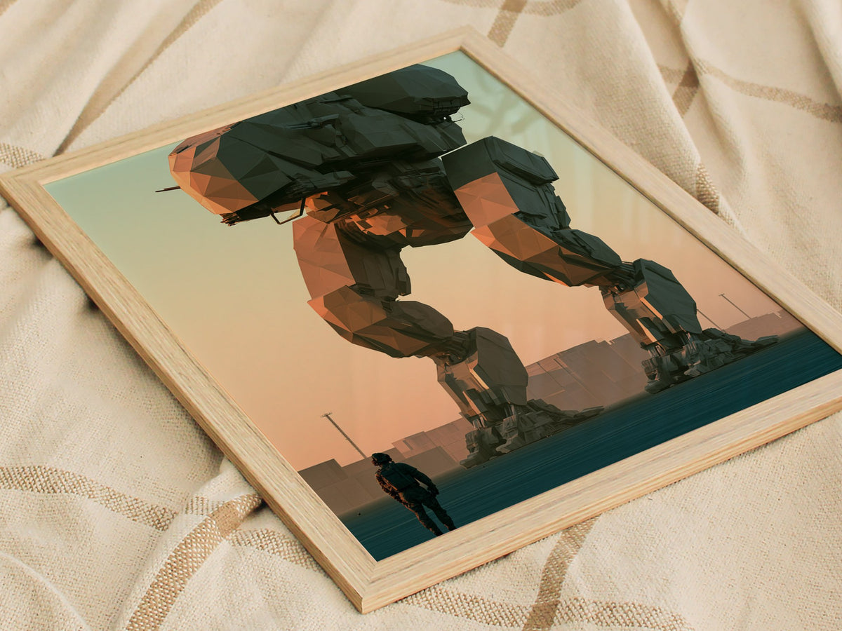 Mech Waits Dawn Poster | Teal and Orange Low Poly Art Print | Sci-Fi Wall Art — styled in an interior