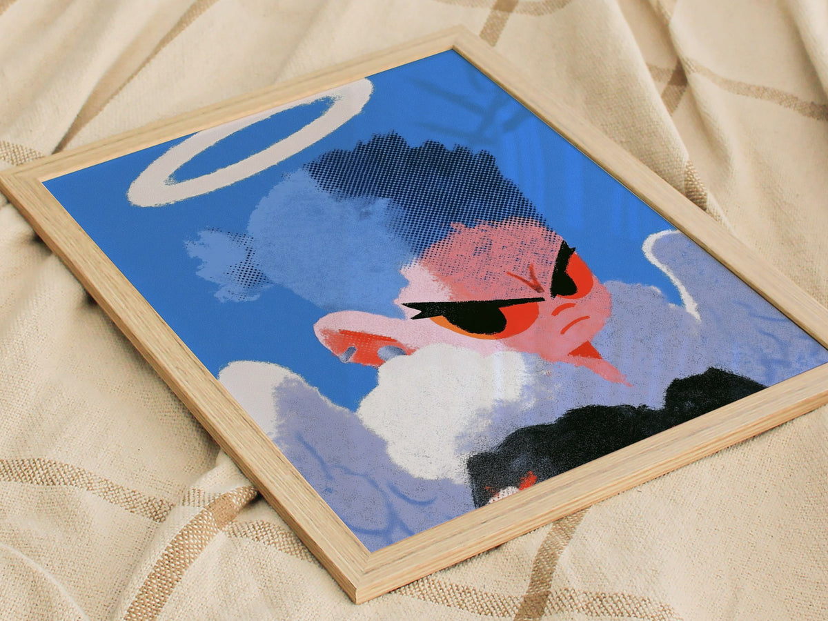 Fallen Angel Scowls Poster | Periwinkle and Orange Screen Print Art Print | Dark Fantasy Wall Art — styled in an interior