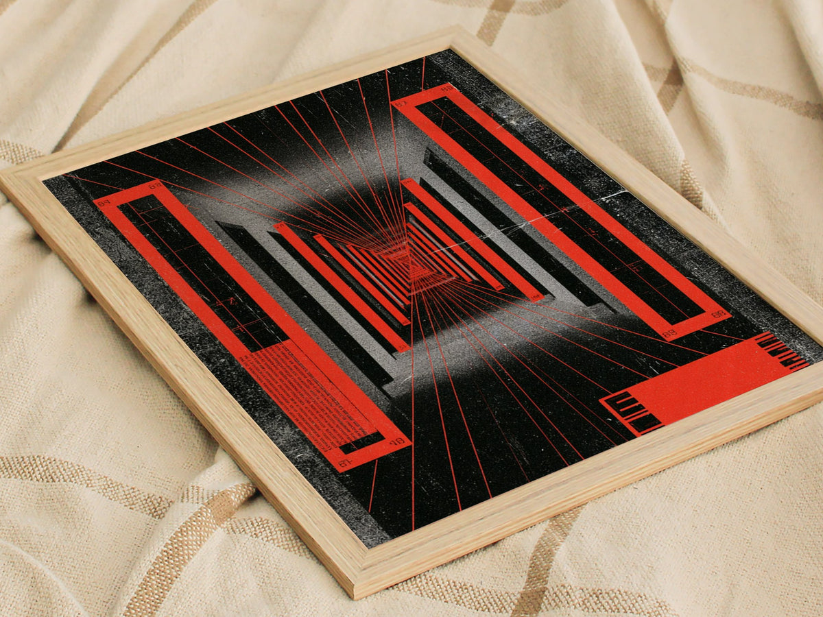 Corridor Radiates Red Poster | Red and Black Screen Print Art Print | Brutalist Wall Art — styled in an interior