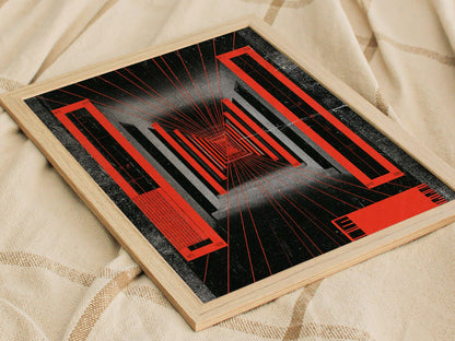 Corridor Radiates Red Poster | Red and Black Screen Print Art Print | Brutalist Wall Art — styled in an interior