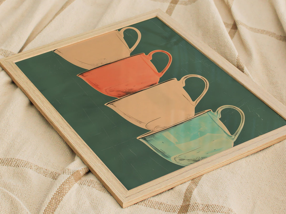 Stacked Teacups Poster | Coral and Teal Screen Print Art Print | Kitchen Wall Art — styled in an interior