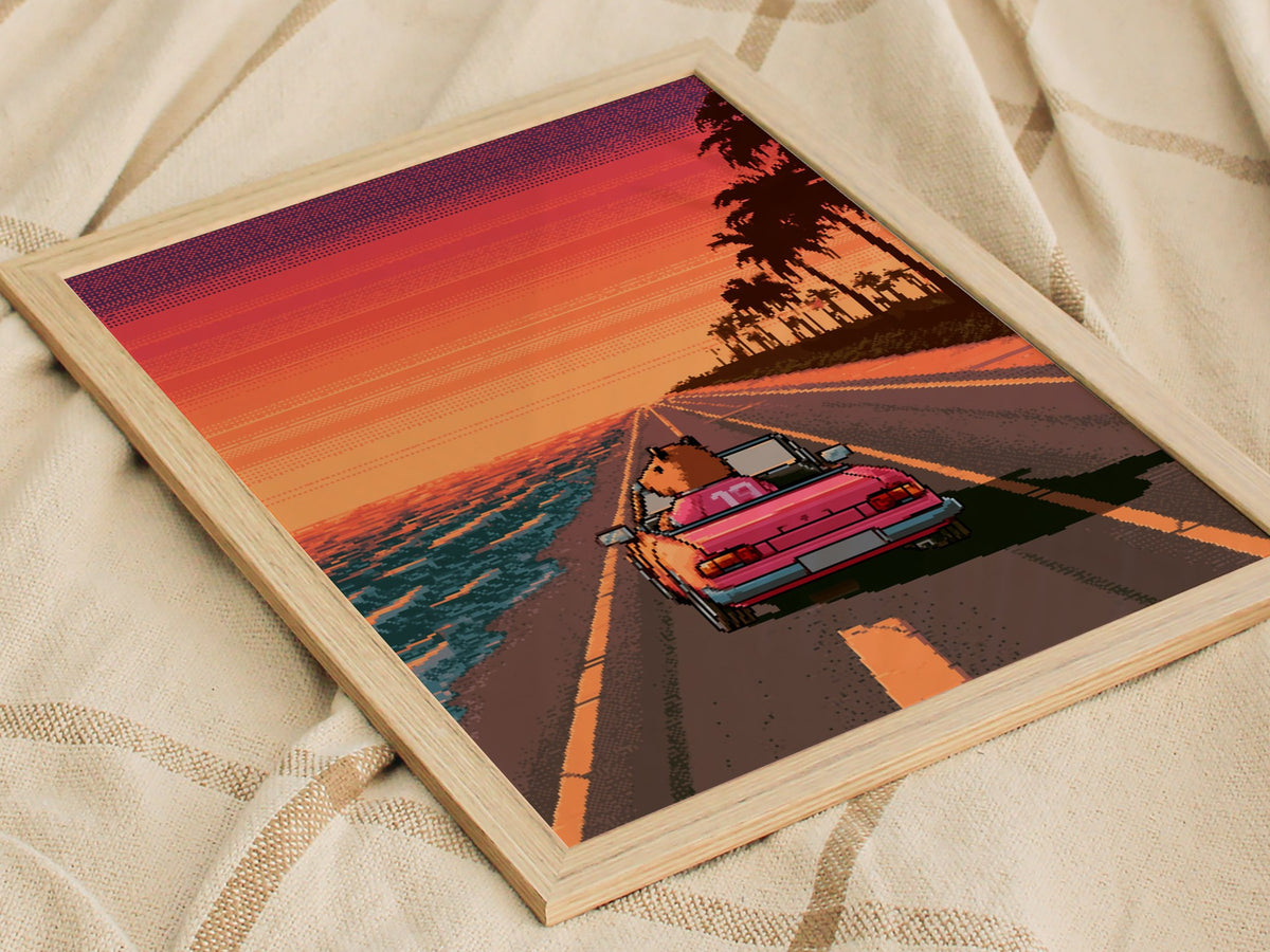 Capybara Drives Sunset Poster | Coral and Purple Pixel Art Print | Retro Gaming Wall Art — styled in an interior