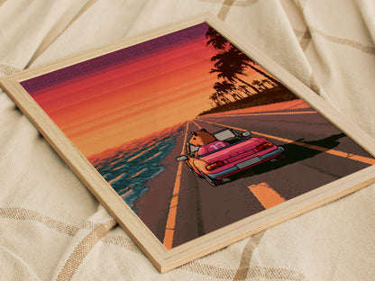 Capybara Drives Sunset Poster | Coral and Purple Pixel Art Print | Retro Gaming Wall Art — styled in an interior