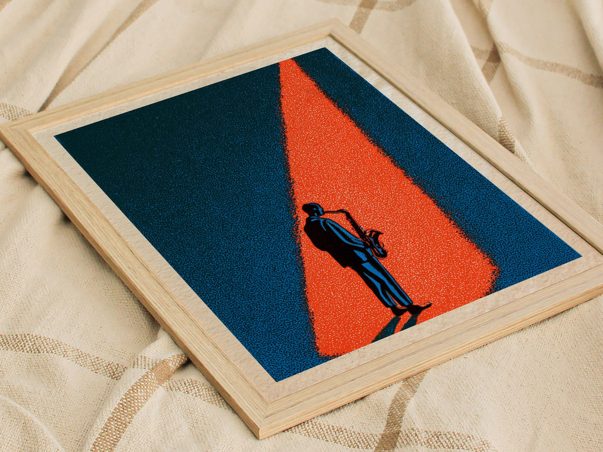 Spotlight Finds Him Poster | Teal and Coral Screen Print Art Print | Jazz Lover Wall Art — styled in an interior