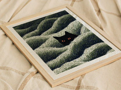 Cat Lurks Deep Poster | Green and Black Pen and Ink Art Print | Dark Fantasy Wall Art — styled in an interior