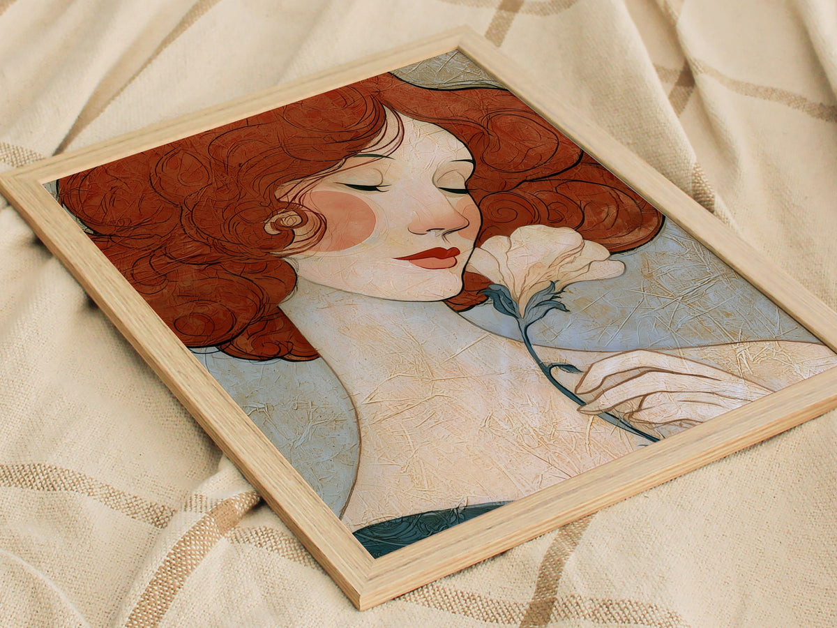 Woman Holds Flower Poster | Coral and Cream Illustrative Art Print | Art Deco Wall Art — styled in an interior