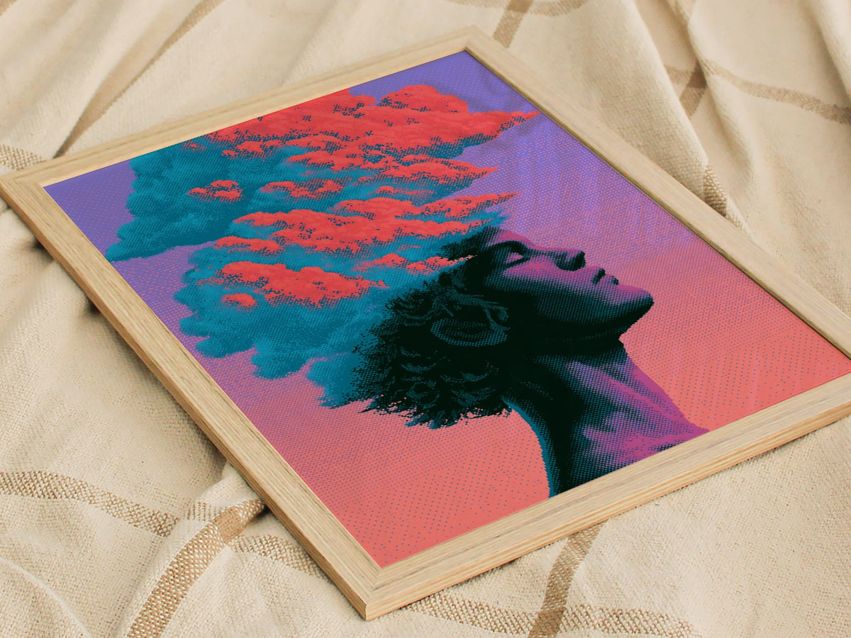 Cloud Mind Floats Poster | Coral and Turquoise Pixel Art Print | Retro Gaming Wall Art — styled in an interior