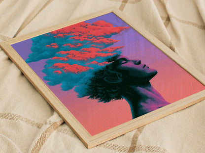 Cloud Mind Floats Poster | Coral and Turquoise Pixel Art Print | Retro Gaming Wall Art — styled in an interior