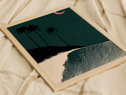 Moon Breaks Wave Poster | Green and Pink Screen Print Art Print | Surf Wall Art — styled in an interior