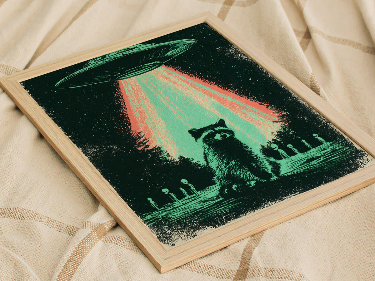 Raccoon Rules Stars Poster | Teal and Black Screen Print Art Print | Science Fiction Wall Art — styled in an interior
