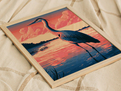 Heron Walks Dusk Poster | Coral and Slate Pixel Art Print | Retro Gaming Wall Art — styled in an interior