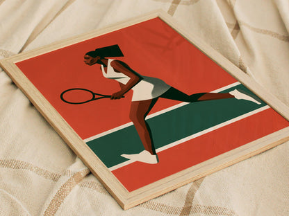 Clay Court Stride Poster | Coral and Green Illustrative Art Print | Tennis Wall Art — styled in an interior