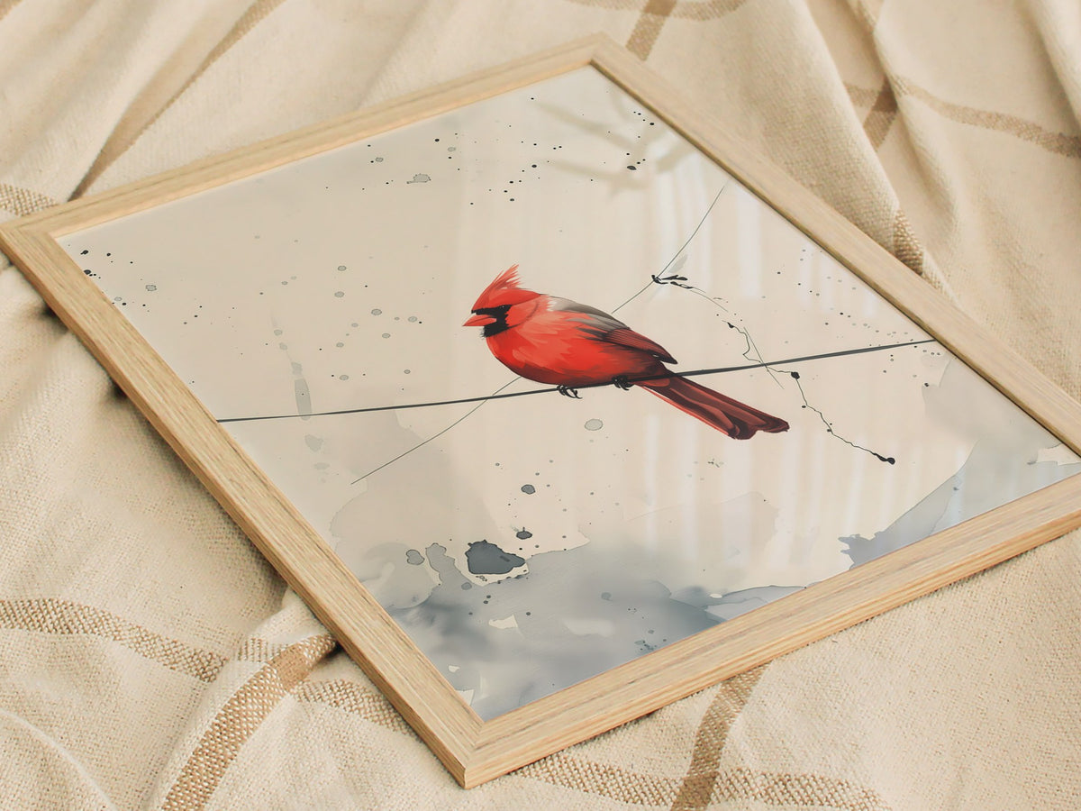 Cardinal on Wire Poster | Crimson and Grey Japanese Watercolor Art Print | Minimalist Wall Art — styled in an interior