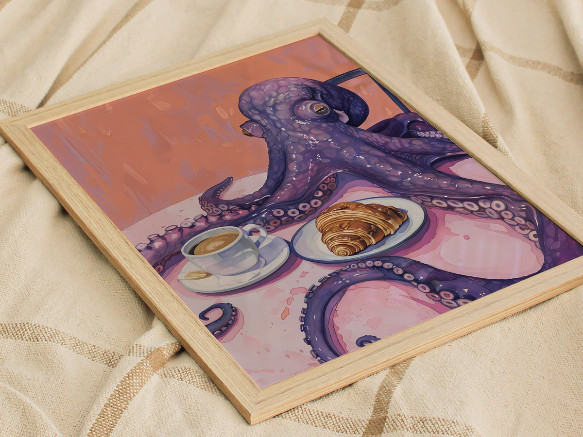 Breakfast Octopus Poster | Purple and Coral Illustrative Art Print | Kitchen Wall Art — styled in an interior