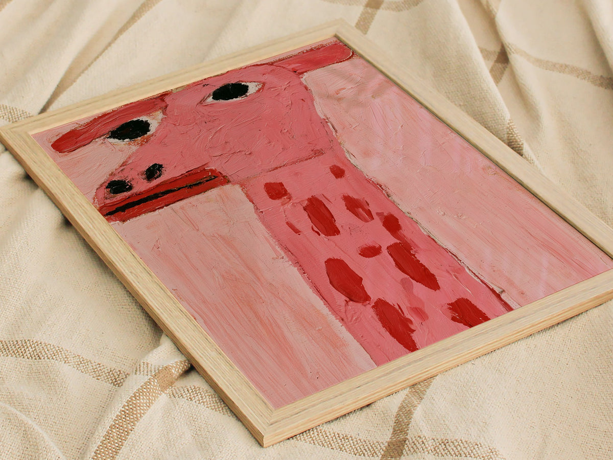 pink-giraffe-portrait Poster | Pink and Cream Oil Painting Art Print | Kids Room Wall Art — styled in an interior