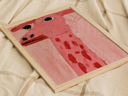pink-giraffe-portrait Poster | Pink and Cream Oil Painting Art Print | Kids Room Wall Art — styled in an interior