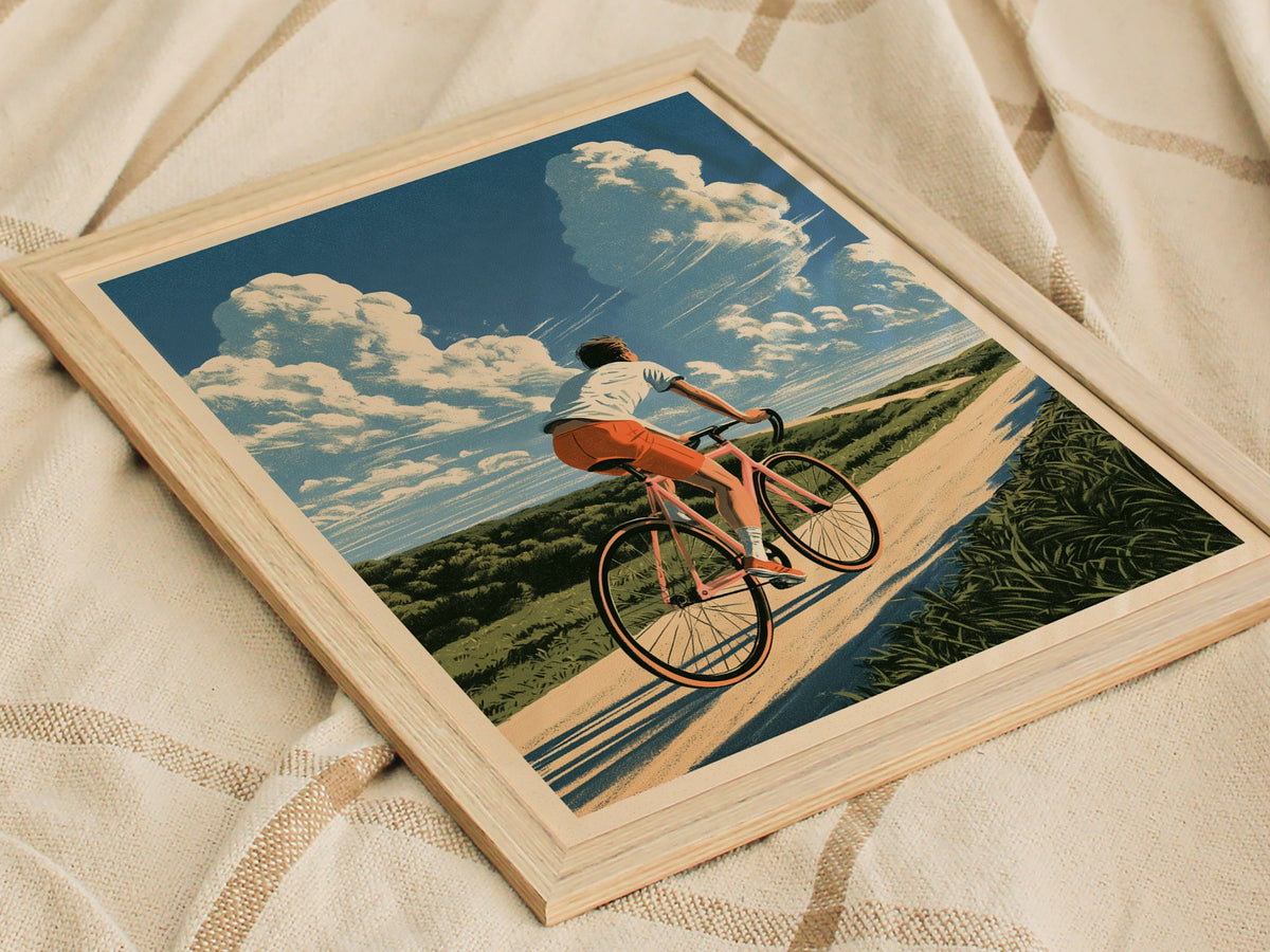 Cyclist Chases Horizon Poster | Blue and Orange Illustrative Art Print | Cycling Wall Art — styled in an interior