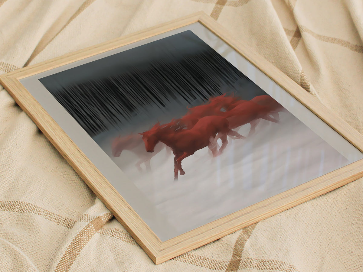 Red Horses Run Poster | Red and Black Watercolor Art Print | Dark Fantasy Wall Art — styled in an interior