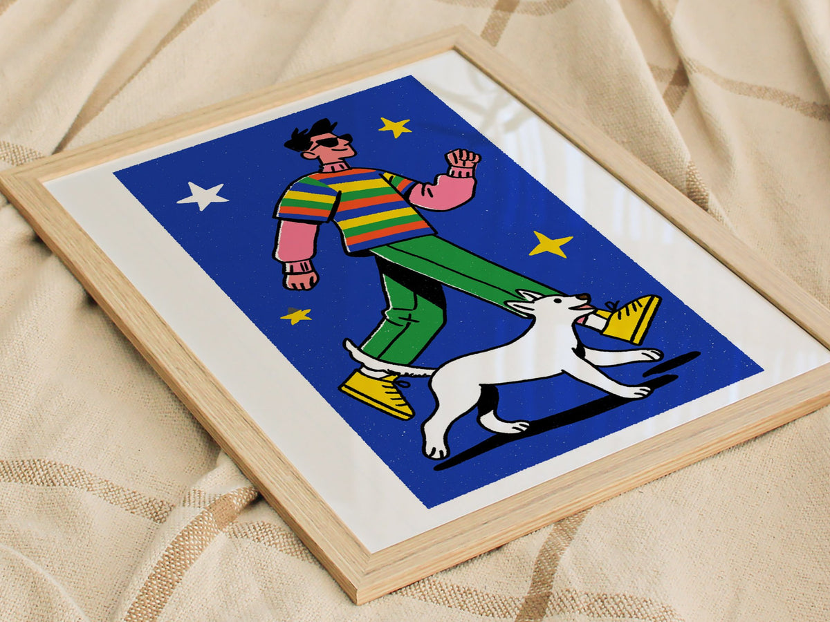 hero-and-cat Poster | Warm Ochre Illustrative Art Print | Kids Room Wall Art — styled in an interior