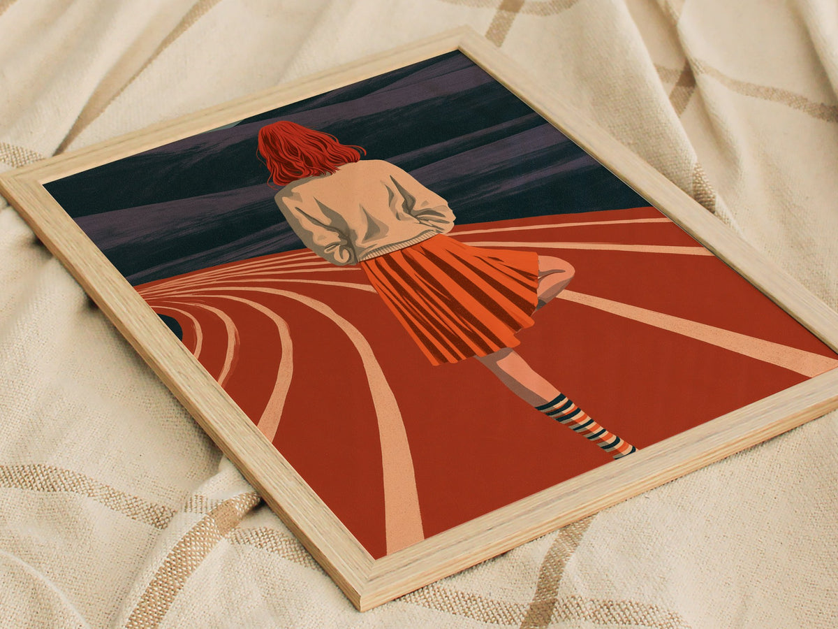 Athlete Reaches Skyward Poster | Rust and Orange Illustrative Art Print | Athletes Wall Art — styled in an interior