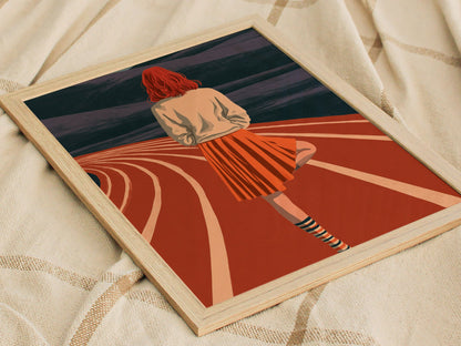 Athlete Reaches Skyward Poster | Rust and Orange Illustrative Art Print | Athletes Wall Art — styled in an interior