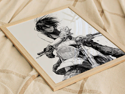 Rider Cuts Wind Poster | Black and White Pen and Ink Art Print | Moto Wall Art — styled in an interior