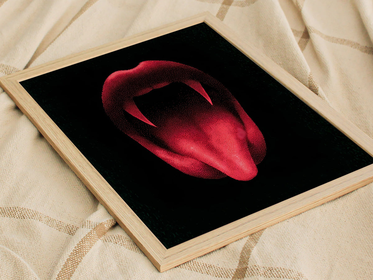 Vampire Smile Poster | Red and Black Pen and Ink Art Print | Goth Wall Art — styled in an interior