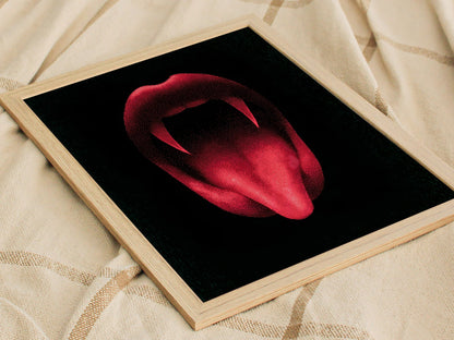 Vampire Smile Poster | Red and Black Pen and Ink Art Print | Goth Wall Art — styled in an interior