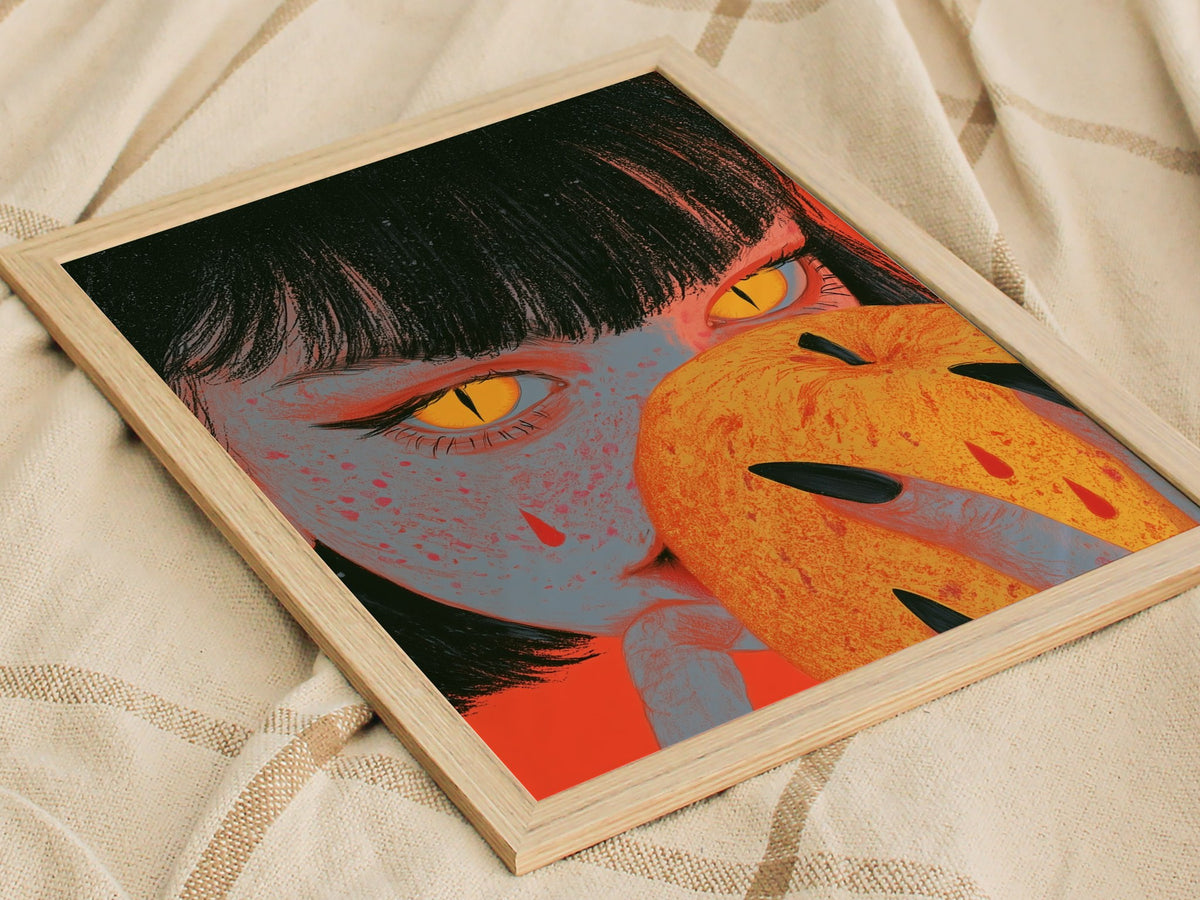 Devil Bites Apple Poster | Coral and Yellow Illustrative Art Print | Dark Fantasy Wall Art — styled in an interior