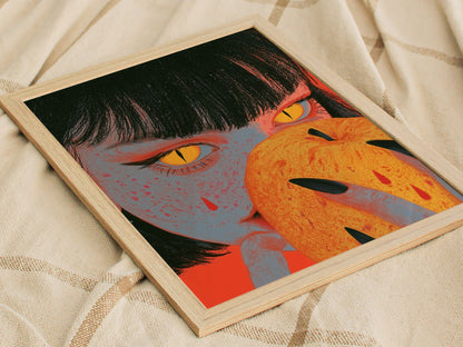 Devil Bites Apple Poster | Coral and Yellow Illustrative Art Print | Dark Fantasy Wall Art — styled in an interior