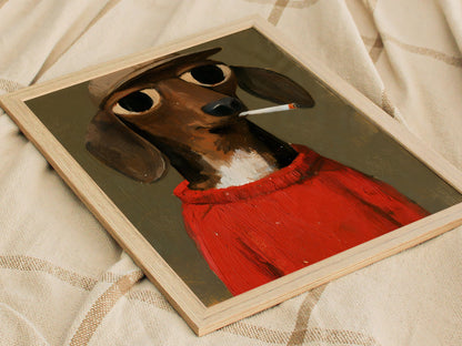 Dachshund In Red Poster | Red and Olive Oil Painting Art Print | Folk Art Wall Art — styled in an interior